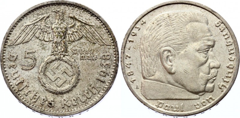 Germany - Third Reich 5 Reichsmark 1938 A
KM# 94; Paul von Hindenburg. SIlver, ...