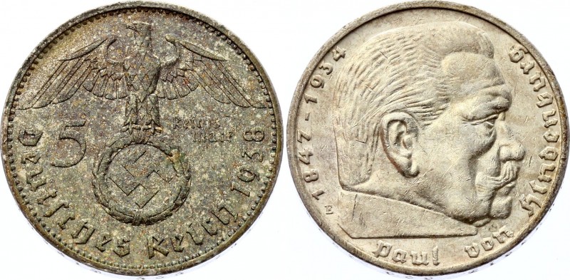 Germany - Third Reich 5 Reichsmark 1938 E
KM# 94; Paul von Hindenburg. SIlver, ...