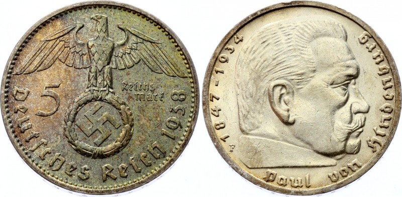 Germany - Third Reich 5 Reichsmark 1938 F
KM# 94; Paul von Hindenburg. SIlver, ...