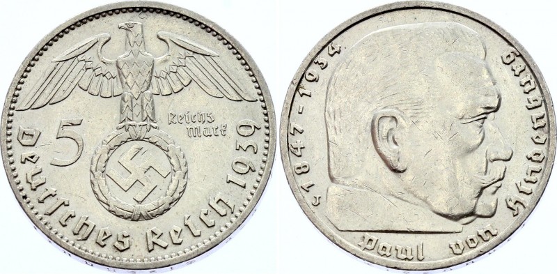 Germany - Third Reich 5 Reichsmark 1939 J
KM# 94; Silver; Swastika-Hindenburg I...