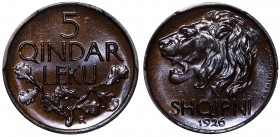 Albania 5 Qindar Leku 1926 R PCGS MS 66 BN Top Grade
KM# 1; Bronze; Mintage 512.000