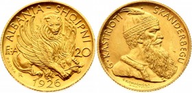 Albania 20 Franga Ar 1926 R PROVA
Fr. 4, Mont. 26; Amet Zogu (1925-1939). Roma Mint. Gold, UNC.