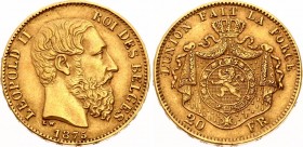 Belgium 20 Francs 1875
KM# 37; Gold (900); Leopold II; XF-AUNC