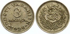 Estonia 3 Marka 1926
KM# 6; Nickel-Bronze. Key date. Rare. XF.