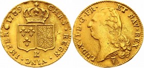 France 2 Louis d'Or 1789 K
KM#592.8 (Bordeaux); Mintage 23,418. Rare coin. Gold (.917), 15.27g. XF.