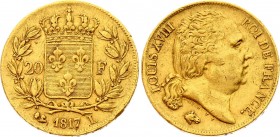 France 20 Francs 1817 L
KM# 712.5; Gold 6,37g.; Louis XVIII Obv: Head right Rev: Denomination within wreath Mint: Bayonne.