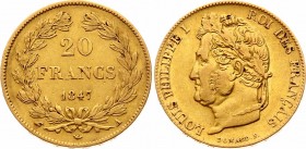 France 20 Francs 1847 A
KM# 750; Gold (.900), 6.45g, XF-