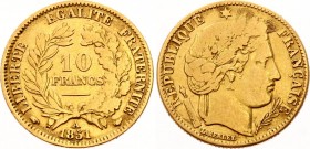 France 10 Francs 1851 A
KM# 770; Gold (900); Liberty head with grain wreath right; VF