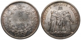 France 5 Francs 1873 A
KM# 820.1; Silver 25.07g; Burning Mint Luster; Rare in this Condition; UNC/ BUNC