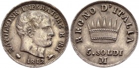 Italian States Kingdom of Napoleon 5 Soldi 1812 M
C# 5; Silver 1,26 g, Rare in that condition; AUNC