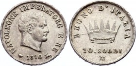 Italian States Kingdom of Napoleon 10 Soldi 1810 M
C# 6.1; Silver; Napoleon I Obv: Head right Obv. Legend: NAPOLEONE... Rev: Crown above written and ...