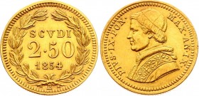 Italy Papal States / Vatican 2.50 Scudi 1854 (IX) B Rare!
KM# 1117; Gold (.900) 4.23g 19mm; Pius IX; Mintage 32,000 Only!