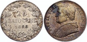 Italy Papal States / Vatican 20 Baiocchi 1860 R
KM# 1360; Pius IX. Silver, UNC, mint luster. Nice patina. Rare in this grade.