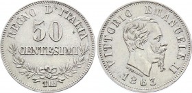Italy 50 Centesimi 1863 TBN
KM# 14; Silver; Vittorio Emanuele II; XF