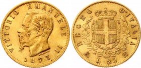 Italy 20 Lire 1873 M BN
KM# 10.3; Gold (900); Vittorio Emanuele II; VF-XF