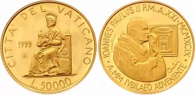 Vatican 50000 Lire 1999 R
KM# 320; Gold (917); Pope and Holy Year Door Rev: Statue of St. Peter; Proof
