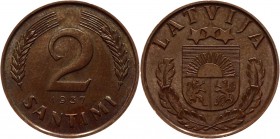 Latvia 2 Santimi 1937 Rare
KM# 11.1; Bronze 2,00g, Key Date; AUNC