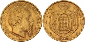 Monaco 100 Francs 1882 A Key Date
KM# 99; Gold (900) 32,24g, Charles III Obv: Large head right Obv. Legend: CHARLES III PRINCE DE MONACO Rev: Crowned...