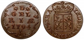 Netherlands Gelderland Duit 1794
KM# 108; Copper; Very Rare in this Condition; Mint Luster; BUNC