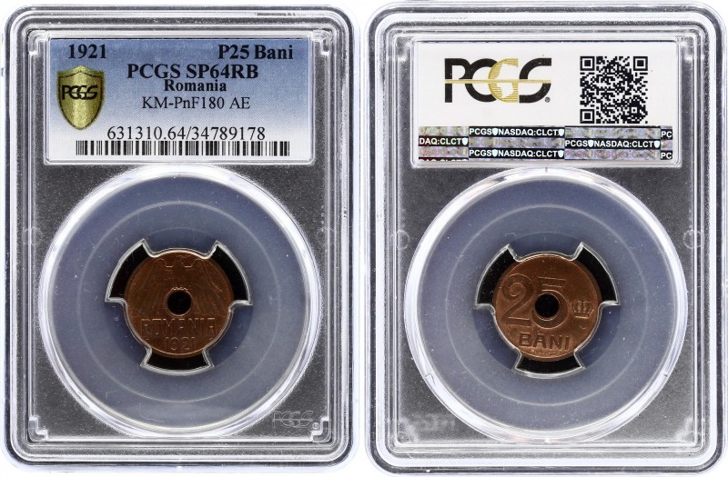 Romania 25 Bani 1921 Pattern PCGS SP64RB
KM# PnF180, Stamb-086-1.1; Bronze, Red...