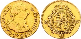 Spain 1/2 Escudo 1786 MDV
KM# 425.1,Cal# 778; Gold (.875) 1.7g 15mm; Carlos III