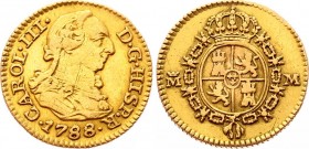 Spain 1/2 Escudo 1788 MM
KM# 425.1,Cal# 781; Gold (.875) 1.7g 15mm; Carlos III