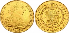 Spain 4 Escudos 1788 /3 MM Overdate Rare!
KM# 418a.1,Cal# 314; Gold (.875) 13g 30mm; Carlos III