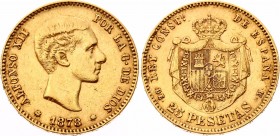 Spain 25 Pesetas 1878 DE M
KM# 673; Gold (900); Alfonso XII; XF