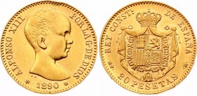 Spain 20 Pesetas 1890 MP M
KM# 693; Gold (900); Alfonso XIII; XF