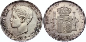 Spain 5 Pesetas 1899 SGV
KM# 707; Alfonso XIII; Silver, AU-UNC. Beautiful patina.