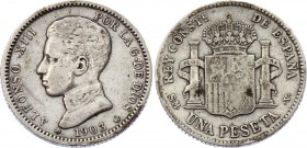 Spain 1 Peseta 1903 SM V
KM# 721; Silver; Alfonso XIII; VF+