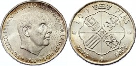 Spain 100 Pesetas 1966 (67)
KM# 797; Silver; BUNC. Rare condition for this coin.