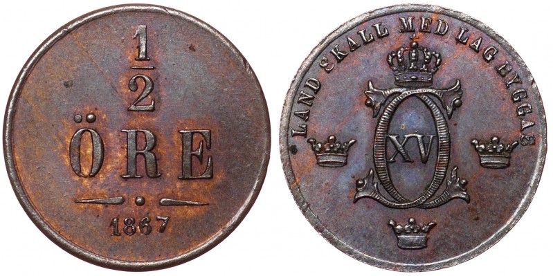 Sweden 1/2 Ore 1867 Small Date
KM# 715; Bronze; Mintage 64.000; Luster; Rare Co...