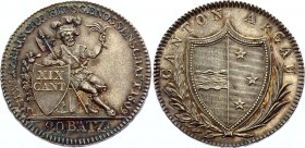 Switzerland Canton Argau 20 Batzen 1809
KM# 17; Silver, UNC. Mint luster. Nice toning.