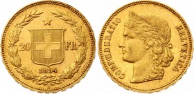 Switzerland 20 Francs 1894 B
KM# 31.3; Gold (.900) 6.45 g. Mintage 121,000 AUNC