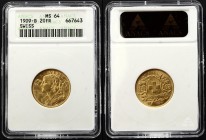 Switzerland 20 Francs 1909 B ANACS MS 64
KM# 35; Gold (.900) 6.45 g 21mm