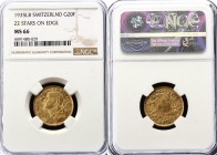 Switzerland 20 Francs 1935 LB NGC MS 66
KM# 35; Gold (.900) 6.45 g 21mm
