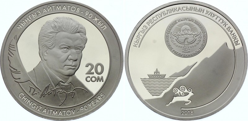 Kyrgyzstan 20 Som 2018
Prooflike; 90th Anniversary of Chingiz Aitmatov; Mintage...