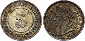 Straits Settlements 5 Cents 1874 H
KM# 10; Victoria. Heaton Mint. Mintage 60000 Only. Silver, AUNC, mint luster remains.
