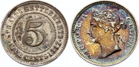 Straits Settlements 5 Cents 1887
KM# 10; Victoria. Mintage 440000. Silver, AUNC, mint luster remains.