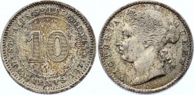 Straits Settlements 10 Cents 1871
KM# 11; Victoria. Mintage 248000. Silver, AUNC, mint luster remains.