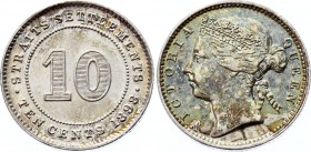 Straits Settlements 10 Cents 1898
KM# 11; Victoria. Mintage 1,960,000. Silver, AU-UNC, mint luster, interesting toning.