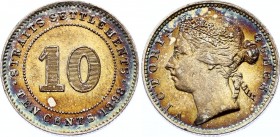 Straits Settlements 10 Cents 1898
KM# 11; Victoria. Mintage 1,960,000. Silver, AUNC, mint luster, interesting toning.