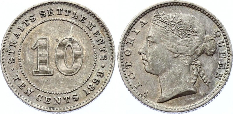 Straits Settlements 10 Cents 1899
KM# 11; Victoria. Mintage 286000. Silver, XF-...