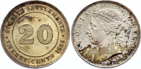 Straits Settlements 20 Cents 1885
KM# 11; Victoria. Mintage 100,000. Silver, UNC. mint luster, interesting toning.