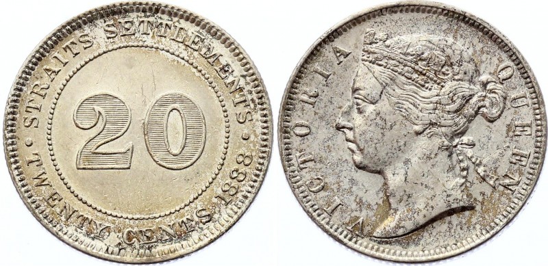 Straits Settlements 20 Cents 1888
KM# 11; Victoria. Mintage 295,000. Silver, AU...