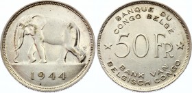 Belgian Congo 50 Francs 1944
KM# 27; Silver, AUNC.