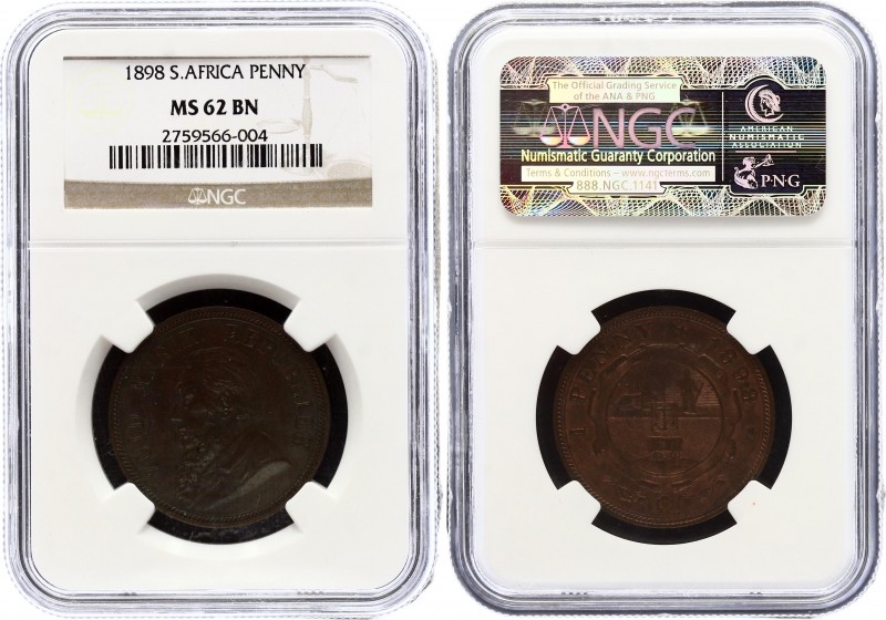 South Africa 1 Penny 1898 NGC MS 62 BN
KM# 2; Bronze, UNC. Red reverse. Rare in...