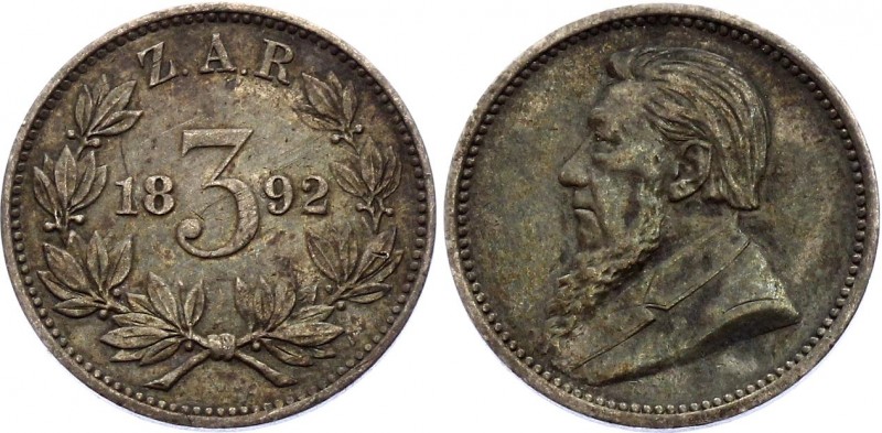 South Africa 3 Pence 1892 ZAR
KM# 3; Silver, XF-AUNC. Nice toning. Remains of m...