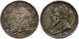 South Africa 3 Pence 1892 ZAR
KM# 3; Silver, XF-AUNC. Nice toning. Remains of mint luster.